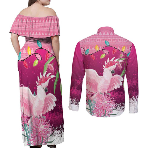 Pink Cockatoo Australia Christmas Couples Matching Off Shoulder Maxi Dress and Long Sleeve Button Shirt Grevillea Eucalyptus Blossoms - Aussie Hoodie