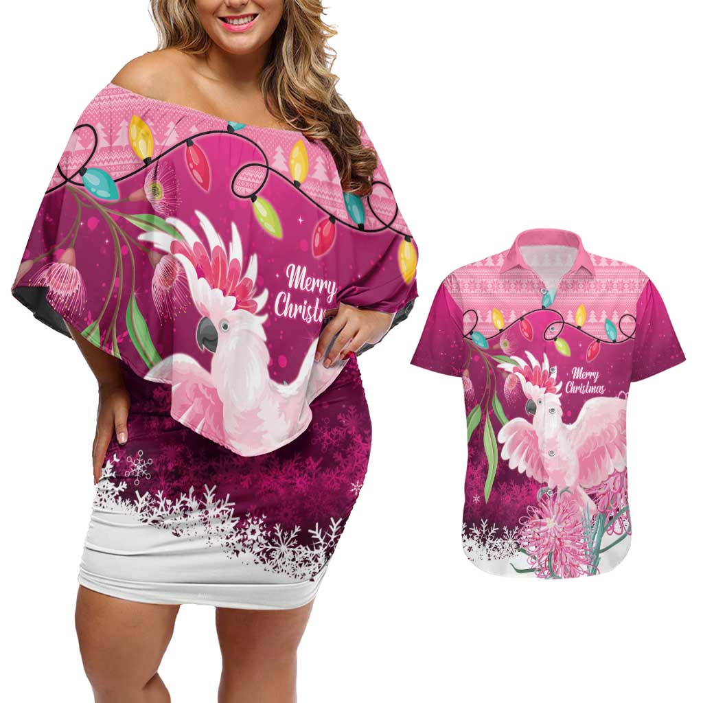 Pink Cockatoo Australia Christmas Couples Matching Off Shoulder Short Dress and Hawaiian Shirt Grevillea Eucalyptus Blossoms - Aussie Hoodie