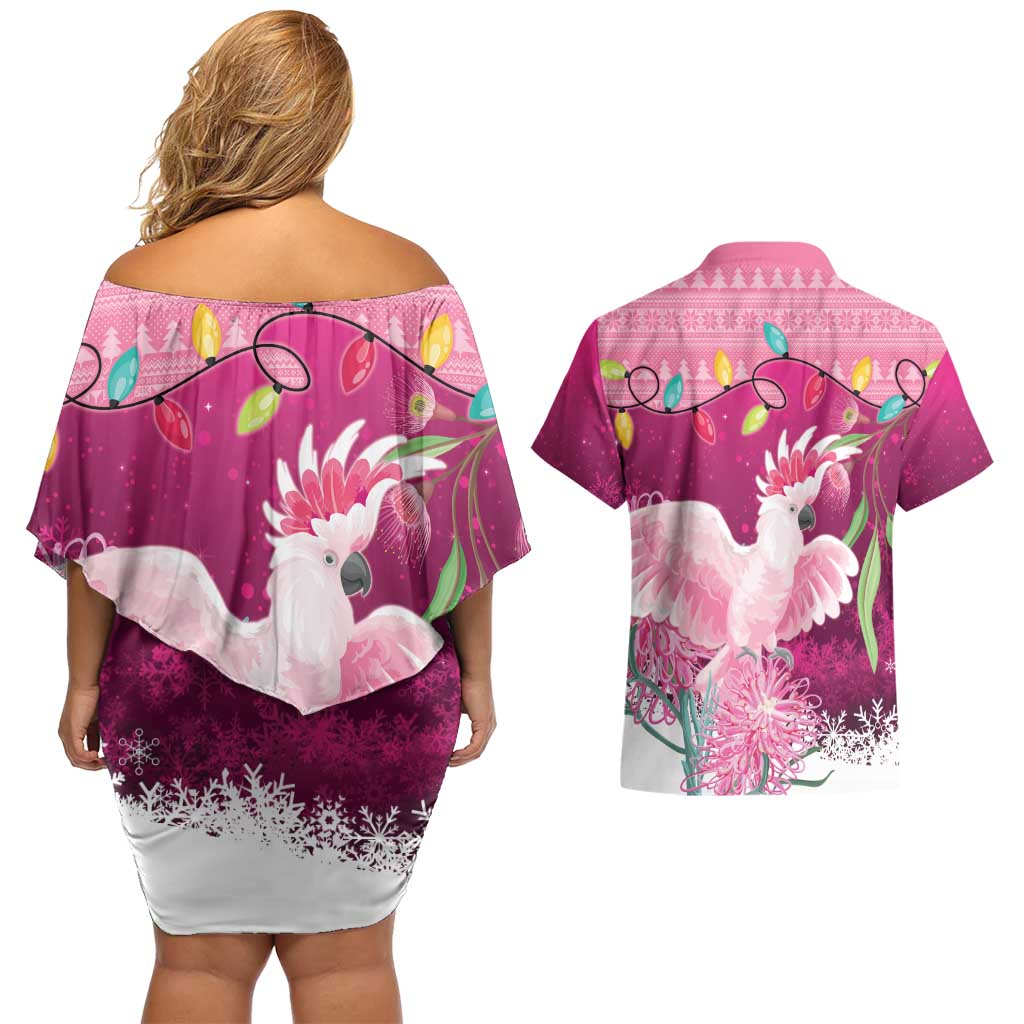 Pink Cockatoo Australia Christmas Couples Matching Off Shoulder Short Dress and Hawaiian Shirt Grevillea Eucalyptus Blossoms - Aussie Hoodie