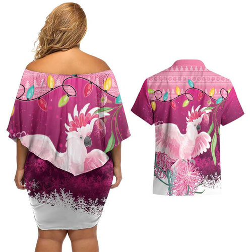 Pink Cockatoo Australia Christmas Couples Matching Off Shoulder Short Dress and Hawaiian Shirt Grevillea Eucalyptus Blossoms - Aussie Hoodie