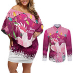 Pink Cockatoo Australia Christmas Couples Matching Off Shoulder Short Dress and Long Sleeve Button Shirt Grevillea Eucalyptus Blossoms - Aussie Hoodie