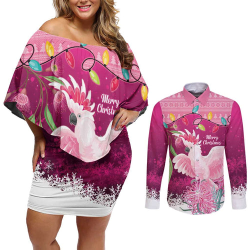 Pink Cockatoo Australia Christmas Couples Matching Off Shoulder Short Dress and Long Sleeve Button Shirt Grevillea Eucalyptus Blossoms - Aussie Hoodie