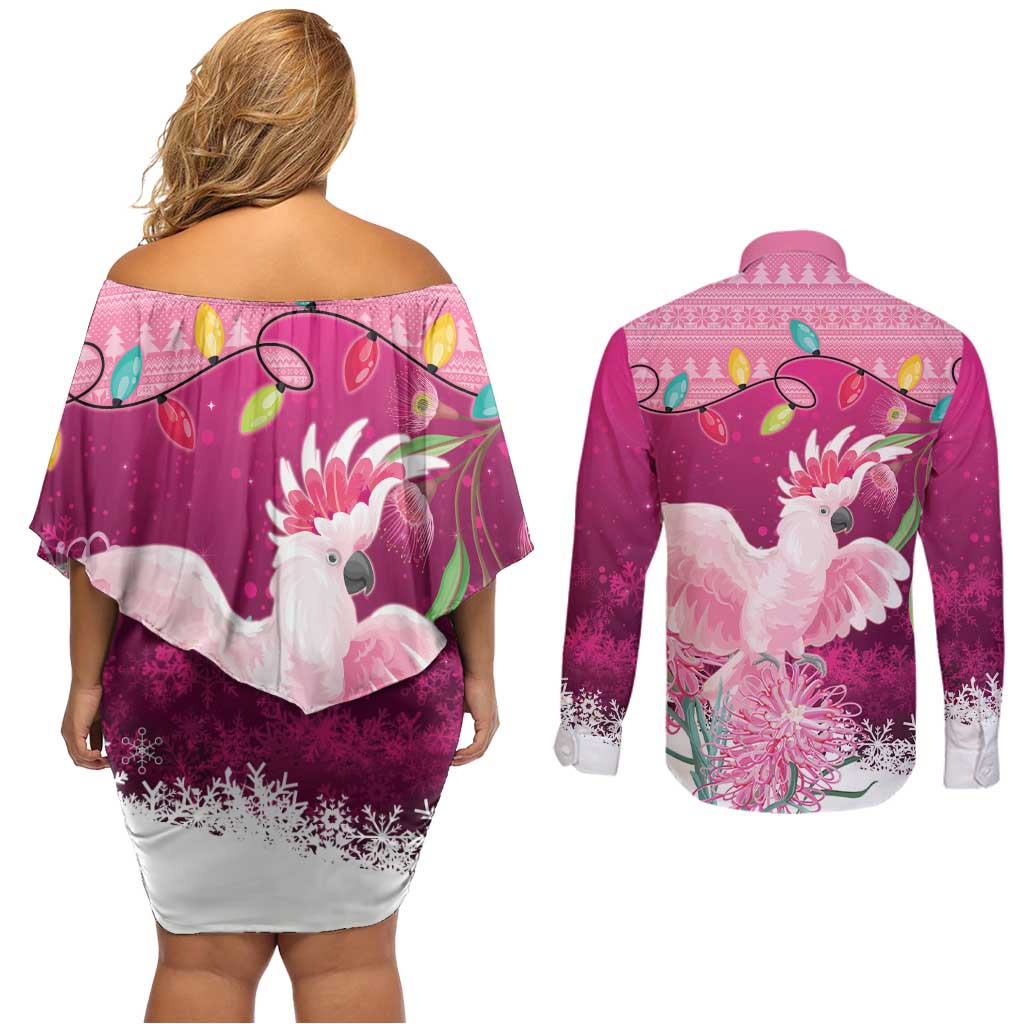 Pink Cockatoo Australia Christmas Couples Matching Off Shoulder Short Dress and Long Sleeve Button Shirt Grevillea Eucalyptus Blossoms - Aussie Hoodie