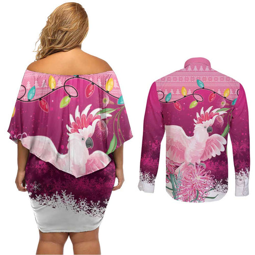 Pink Cockatoo Australia Christmas Couples Matching Off Shoulder Short Dress and Long Sleeve Button Shirt Grevillea Eucalyptus Blossoms - Aussie Hoodie