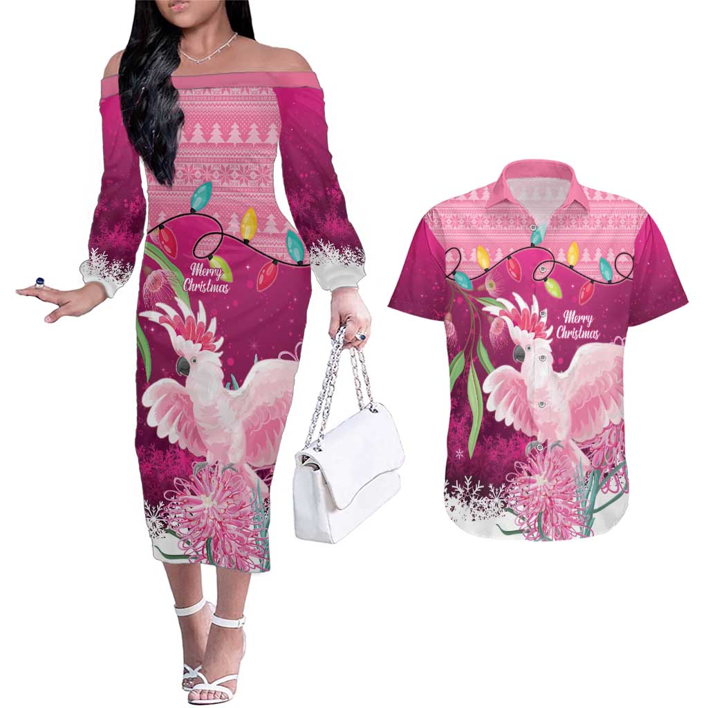 Pink Cockatoo Australia Christmas Couples Matching Off The Shoulder Long Sleeve Dress and Hawaiian Shirt Grevillea Eucalyptus Blossoms - Aussie Hoodie