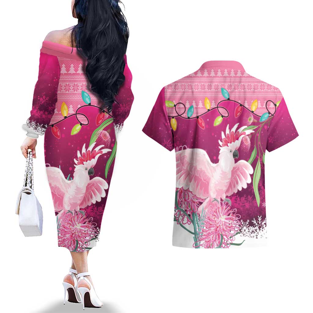 Pink Cockatoo Australia Christmas Couples Matching Off The Shoulder Long Sleeve Dress and Hawaiian Shirt Grevillea Eucalyptus Blossoms - Aussie Hoodie