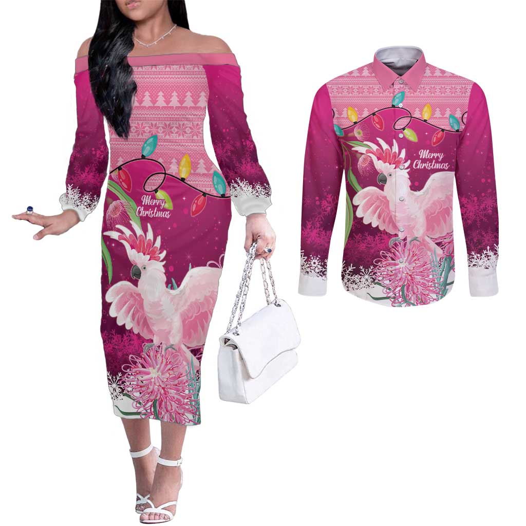 Pink Cockatoo Australia Christmas Couples Matching Off The Shoulder Long Sleeve Dress and Long Sleeve Button Shirt Grevillea Eucalyptus Blossoms - Aussie Hoodie