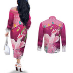 Pink Cockatoo Australia Christmas Couples Matching Off The Shoulder Long Sleeve Dress and Long Sleeve Button Shirt Grevillea Eucalyptus Blossoms - Aussie Hoodie