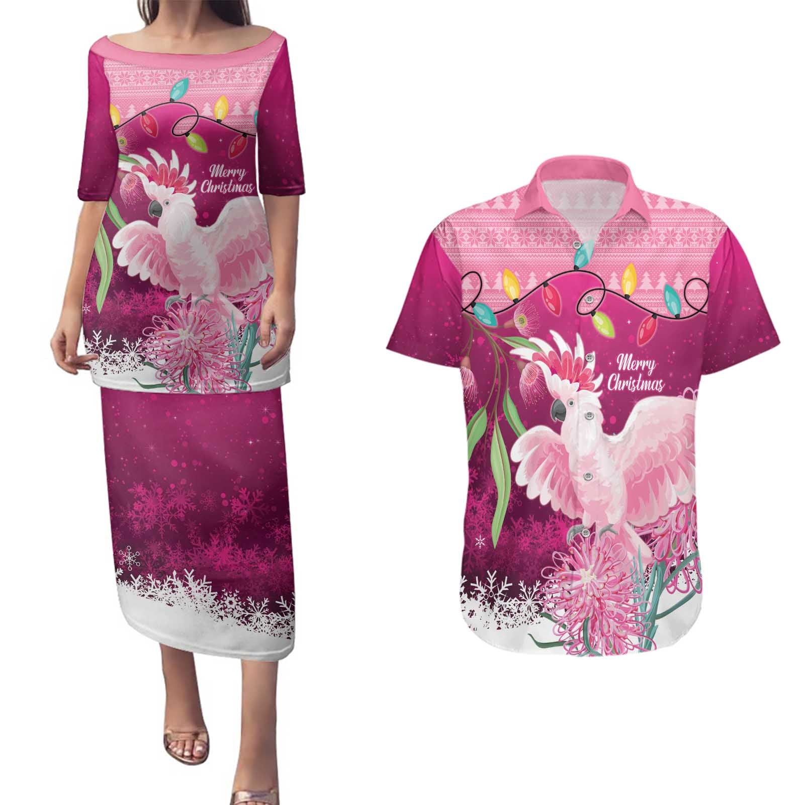 Pink Cockatoo Australia Christmas Couples Matching Puletasi and Hawaiian Shirt Grevillea Eucalyptus Blossoms - Aussie Hoodie