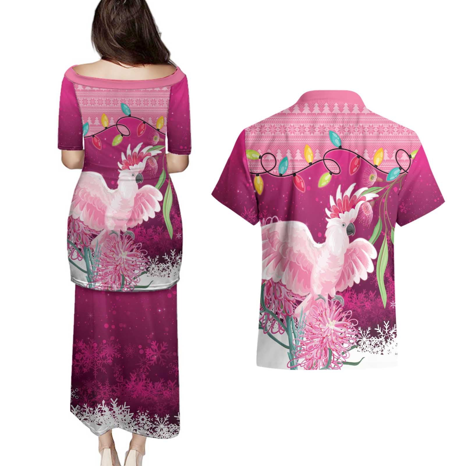 Pink Cockatoo Australia Christmas Couples Matching Puletasi and Hawaiian Shirt Grevillea Eucalyptus Blossoms - Aussie Hoodie