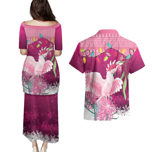 Pink Cockatoo Australia Christmas Couples Matching Puletasi and Hawaiian Shirt Grevillea Eucalyptus Blossoms - Aussie Hoodie