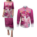 Pink Cockatoo Australia Christmas Couples Matching Puletasi and Long Sleeve Button Shirt Grevillea Eucalyptus Blossoms - Aussie Hoodie