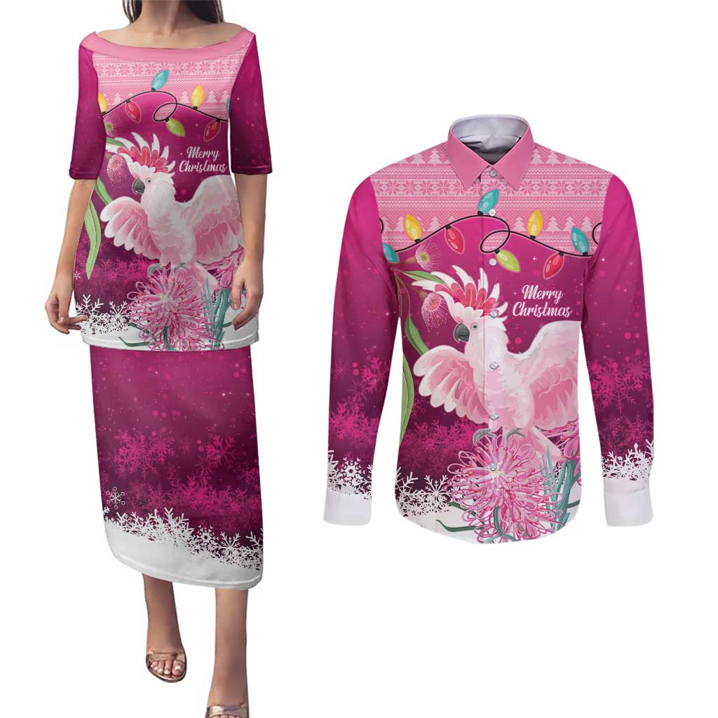 Pink Cockatoo Australia Christmas Couples Matching Puletasi and Long Sleeve Button Shirt Grevillea Eucalyptus Blossoms - Aussie Hoodie