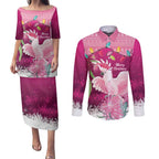 Pink Cockatoo Australia Christmas Couples Matching Puletasi and Long Sleeve Button Shirt Grevillea Eucalyptus Blossoms - Aussie Hoodie