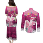 Pink Cockatoo Australia Christmas Couples Matching Puletasi and Long Sleeve Button Shirt Grevillea Eucalyptus Blossoms - Aussie Hoodie