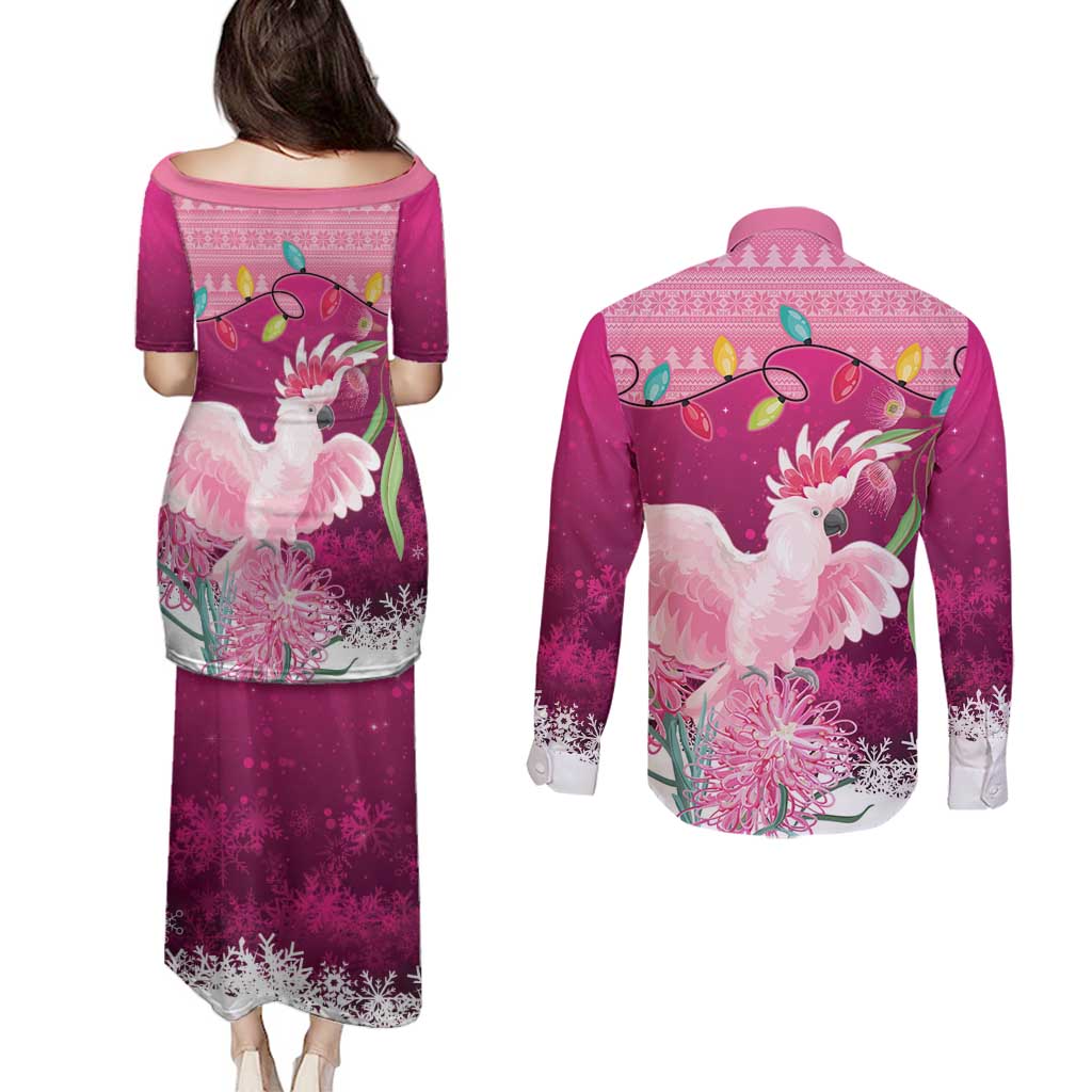 Pink Cockatoo Australia Christmas Couples Matching Puletasi and Long Sleeve Button Shirt Grevillea Eucalyptus Blossoms - Aussie Hoodie