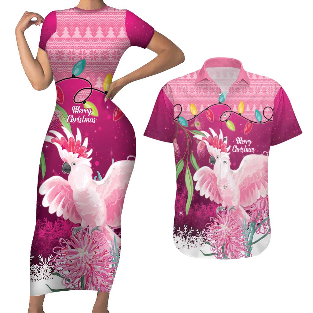 Pink Cockatoo Australia Christmas Couples Matching Short Sleeve Bodycon Dress and Hawaiian Shirt Grevillea Eucalyptus Blossoms - Aussie Hoodie