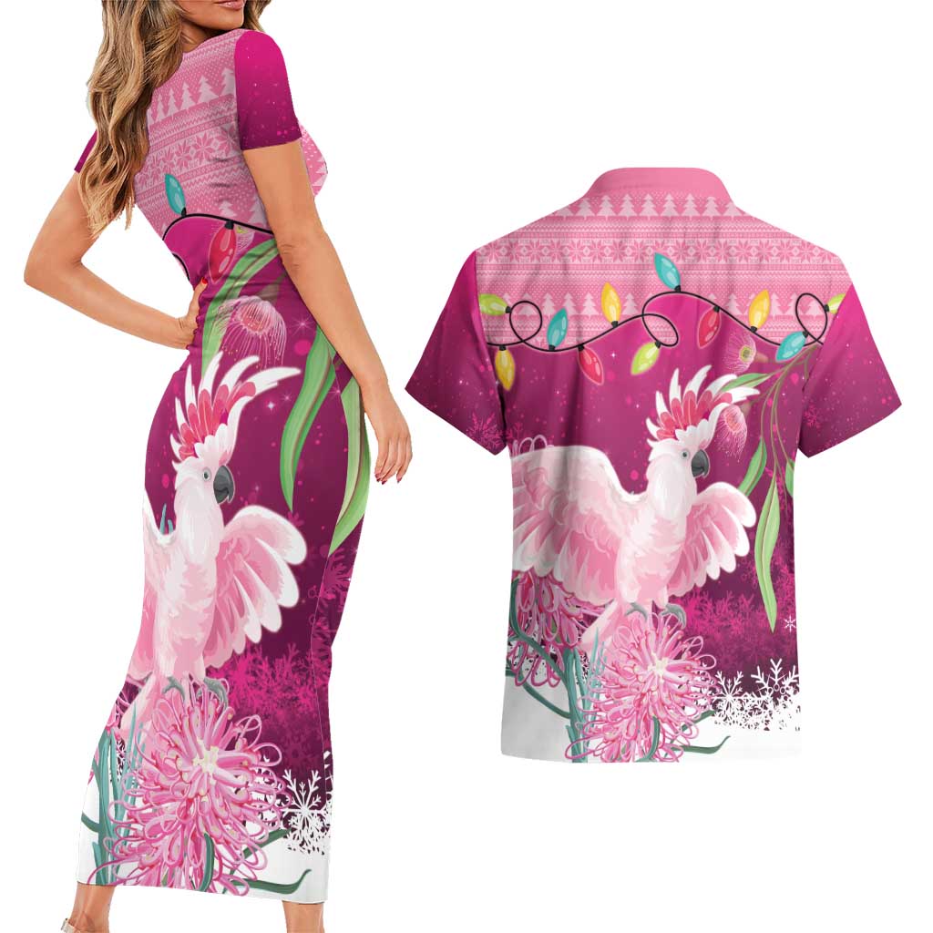Pink Cockatoo Australia Christmas Couples Matching Short Sleeve Bodycon Dress and Hawaiian Shirt Grevillea Eucalyptus Blossoms - Aussie Hoodie