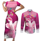 Pink Cockatoo Australia Christmas Couples Matching Short Sleeve Bodycon Dress and Long Sleeve Button Shirt Grevillea Eucalyptus Blossoms - Aussie Hoodie