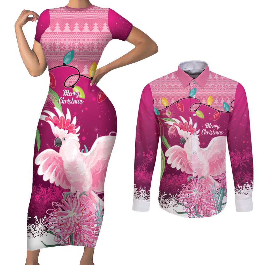 Pink Cockatoo Australia Christmas Couples Matching Short Sleeve Bodycon Dress and Long Sleeve Button Shirt Grevillea Eucalyptus Blossoms - Aussie Hoodie
