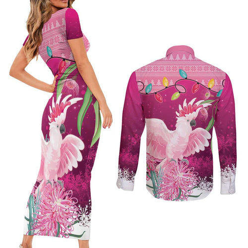 Pink Cockatoo Australia Christmas Couples Matching Short Sleeve Bodycon Dress and Long Sleeve Button Shirt Grevillea Eucalyptus Blossoms - Aussie Hoodie