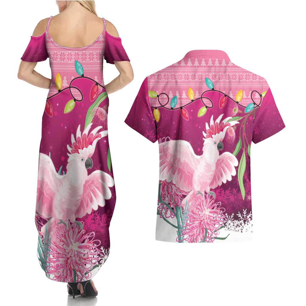 Pink Cockatoo Australia Christmas Couples Matching Summer Maxi Dress and Hawaiian Shirt Grevillea Eucalyptus Blossoms - Aussie Hoodie