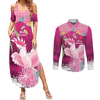 Pink Cockatoo Australia Christmas Couples Matching Summer Maxi Dress and Long Sleeve Button Shirt Grevillea Eucalyptus Blossoms - Aussie Hoodie