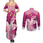 Pink Cockatoo Australia Christmas Couples Matching Summer Maxi Dress and Long Sleeve Button Shirt Grevillea Eucalyptus Blossoms - Aussie Hoodie