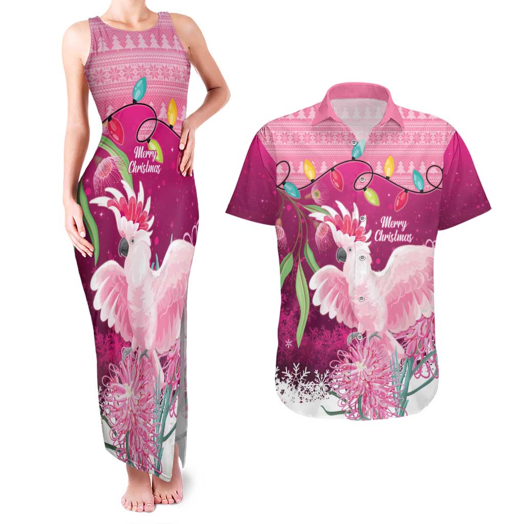 Pink Cockatoo Australia Christmas Couples Matching Tank Maxi Dress and Hawaiian Shirt Grevillea Eucalyptus Blossoms - Aussie Hoodie