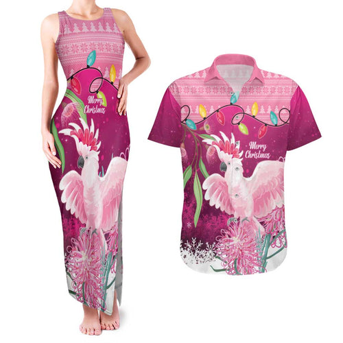 Pink Cockatoo Australia Christmas Couples Matching Tank Maxi Dress and Hawaiian Shirt Grevillea Eucalyptus Blossoms - Aussie Hoodie
