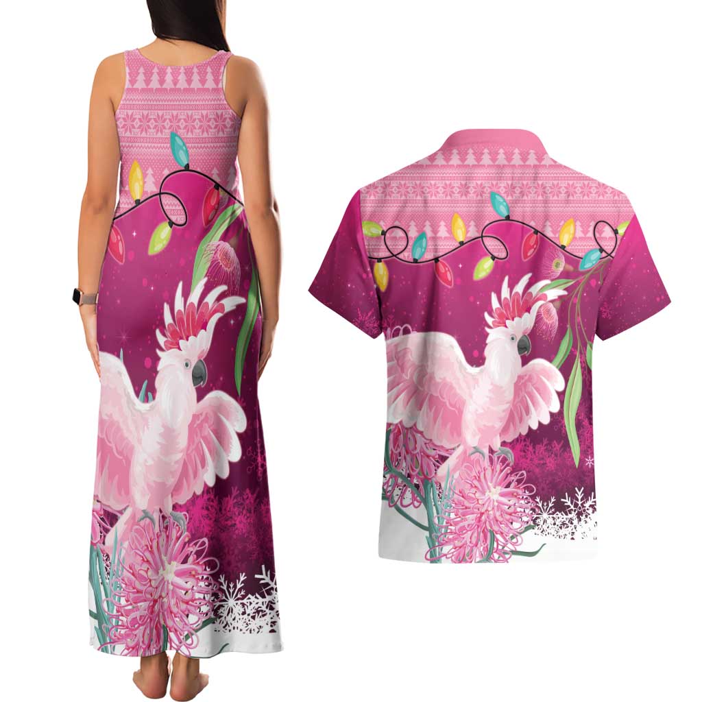 Pink Cockatoo Australia Christmas Couples Matching Tank Maxi Dress and Hawaiian Shirt Grevillea Eucalyptus Blossoms - Aussie Hoodie
