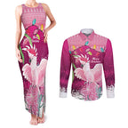 Pink Cockatoo Australia Christmas Couples Matching Tank Maxi Dress and Long Sleeve Button Shirt Grevillea Eucalyptus Blossoms - Aussie Hoodie