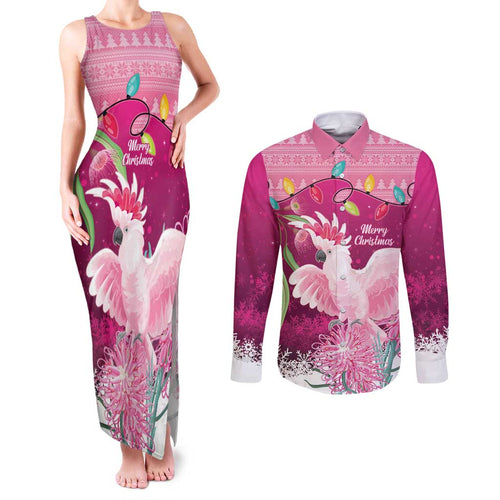 Pink Cockatoo Australia Christmas Couples Matching Tank Maxi Dress and Long Sleeve Button Shirt Grevillea Eucalyptus Blossoms - Aussie Hoodie