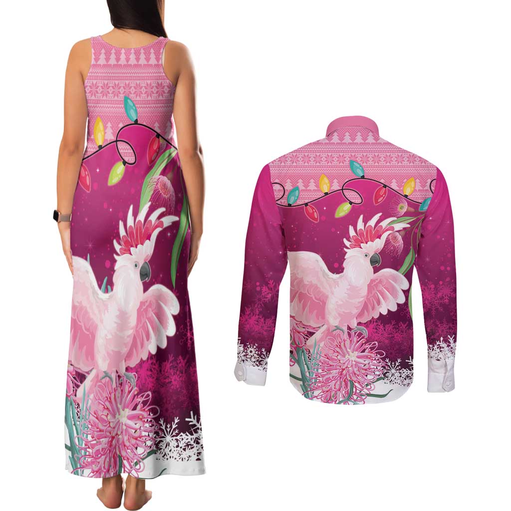Pink Cockatoo Australia Christmas Couples Matching Tank Maxi Dress and Long Sleeve Button Shirt Grevillea Eucalyptus Blossoms - Aussie Hoodie