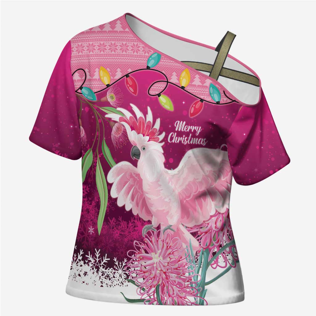 Pink Cockatoo Australia Christmas Cross Shoulder Shirt Grevillea Eucalyptus Blossoms - Aussie Hoodie