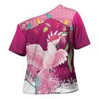 Pink Cockatoo Australia Christmas Cross Shoulder Shirt Grevillea Eucalyptus Blossoms - Aussie Hoodie