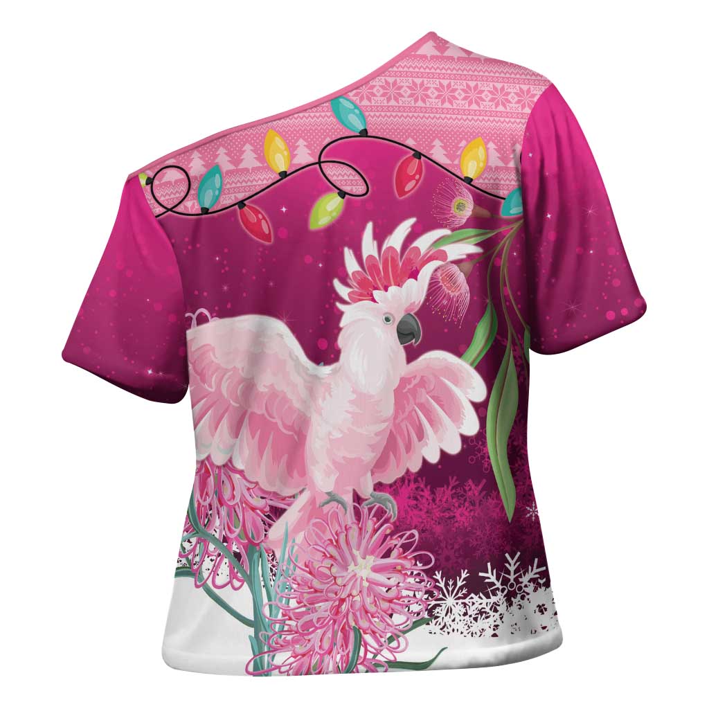 Pink Cockatoo Australia Christmas Cross Shoulder Shirt Grevillea Eucalyptus Blossoms - Aussie Hoodie