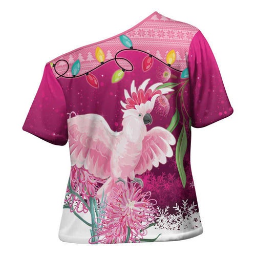 Pink Cockatoo Australia Christmas Cross Shoulder Shirt Grevillea Eucalyptus Blossoms - Aussie Hoodie