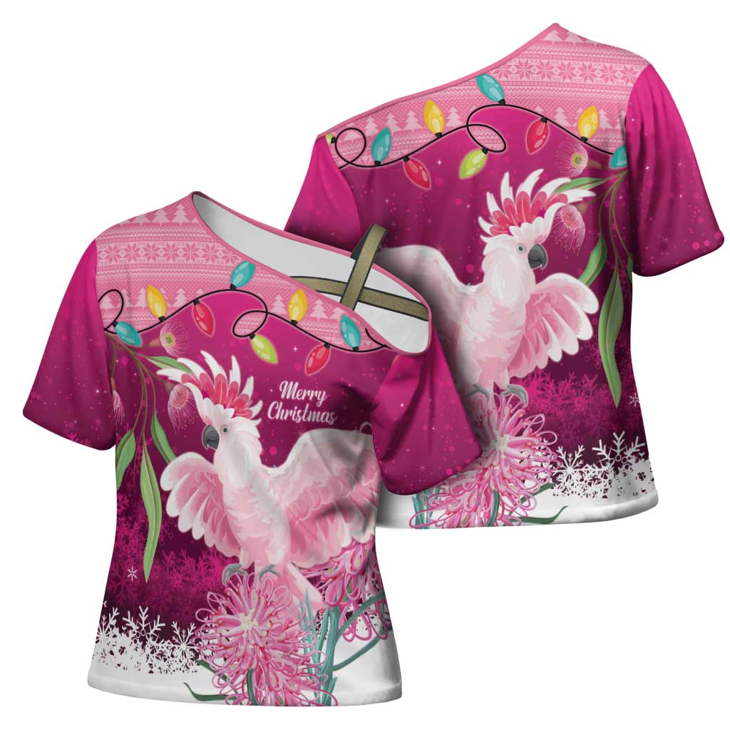 Pink Cockatoo Australia Christmas Cross Shoulder Shirt Grevillea Eucalyptus Blossoms - Aussie Hoodie