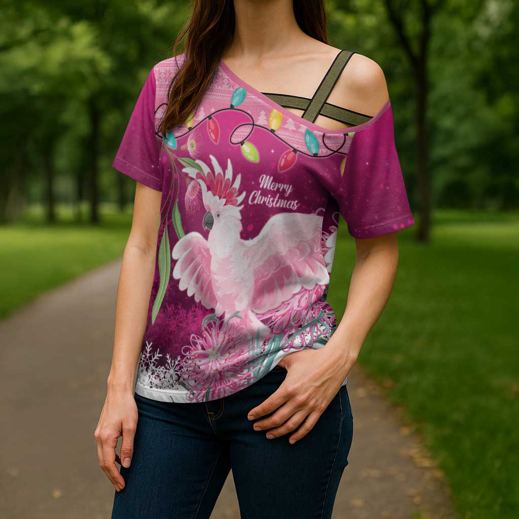 Pink Cockatoo Australia Christmas Cross Shoulder Shirt Grevillea Eucalyptus Blossoms - Aussie Hoodie