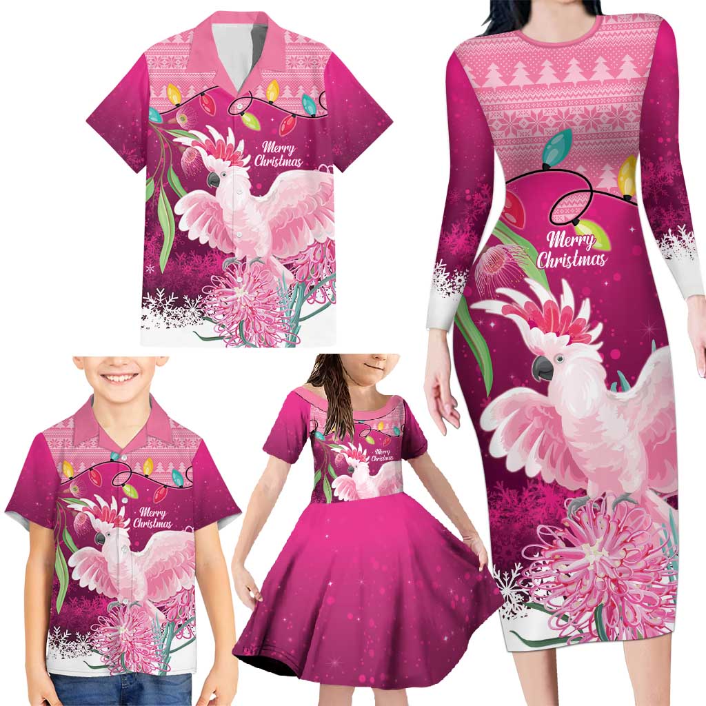 Pink Cockatoo Australia Christmas Family Matching Long Sleeve Bodycon Dress and Hawaiian Shirt Grevillea Eucalyptus Blossoms - Aussie Hoodie