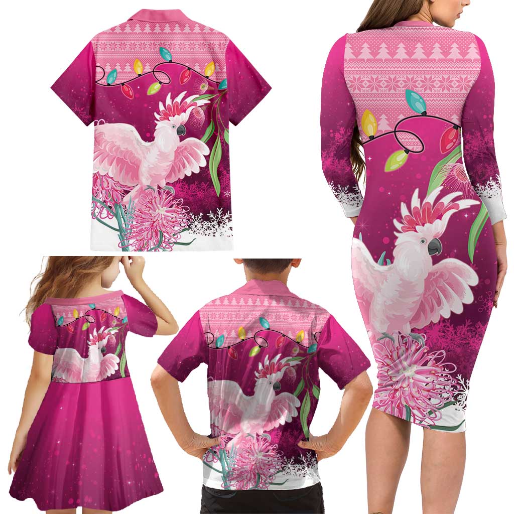 Pink Cockatoo Australia Christmas Family Matching Long Sleeve Bodycon Dress and Hawaiian Shirt Grevillea Eucalyptus Blossoms - Aussie Hoodie