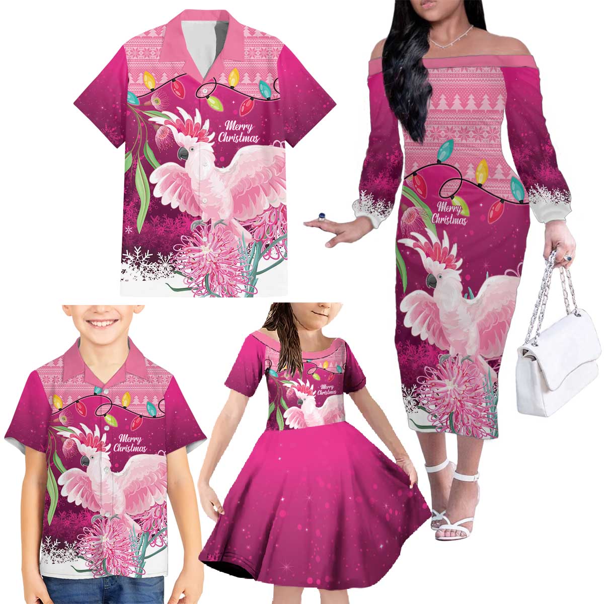 Pink Cockatoo Australia Christmas Family Matching Off The Shoulder Long Sleeve Dress and Hawaiian Shirt Grevillea Eucalyptus Blossoms - Aussie Hoodie