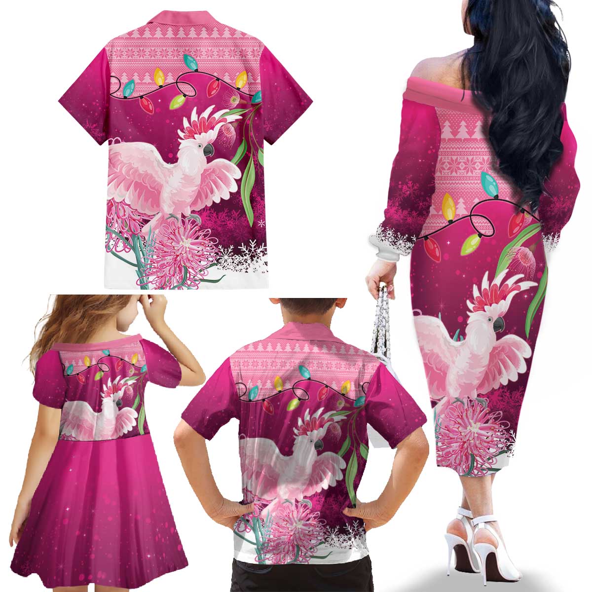 Pink Cockatoo Australia Christmas Family Matching Off The Shoulder Long Sleeve Dress and Hawaiian Shirt Grevillea Eucalyptus Blossoms - Aussie Hoodie