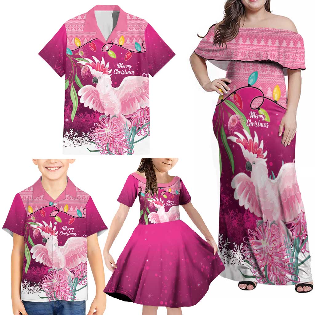 Pink Cockatoo Australia Christmas Family Matching Off Shoulder Maxi Dress and Hawaiian Shirt Grevillea Eucalyptus Blossoms - Aussie Hoodie