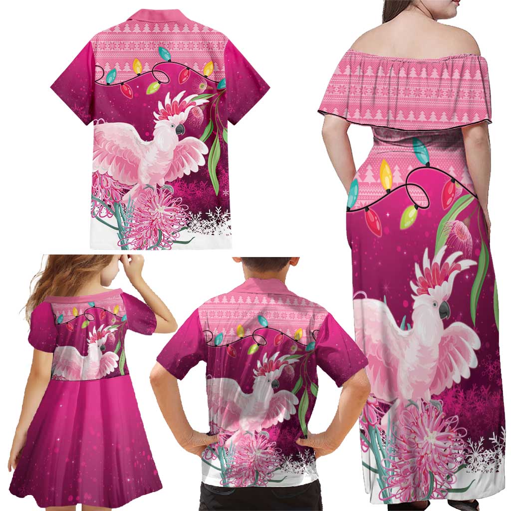 Pink Cockatoo Australia Christmas Family Matching Off Shoulder Maxi Dress and Hawaiian Shirt Grevillea Eucalyptus Blossoms - Aussie Hoodie