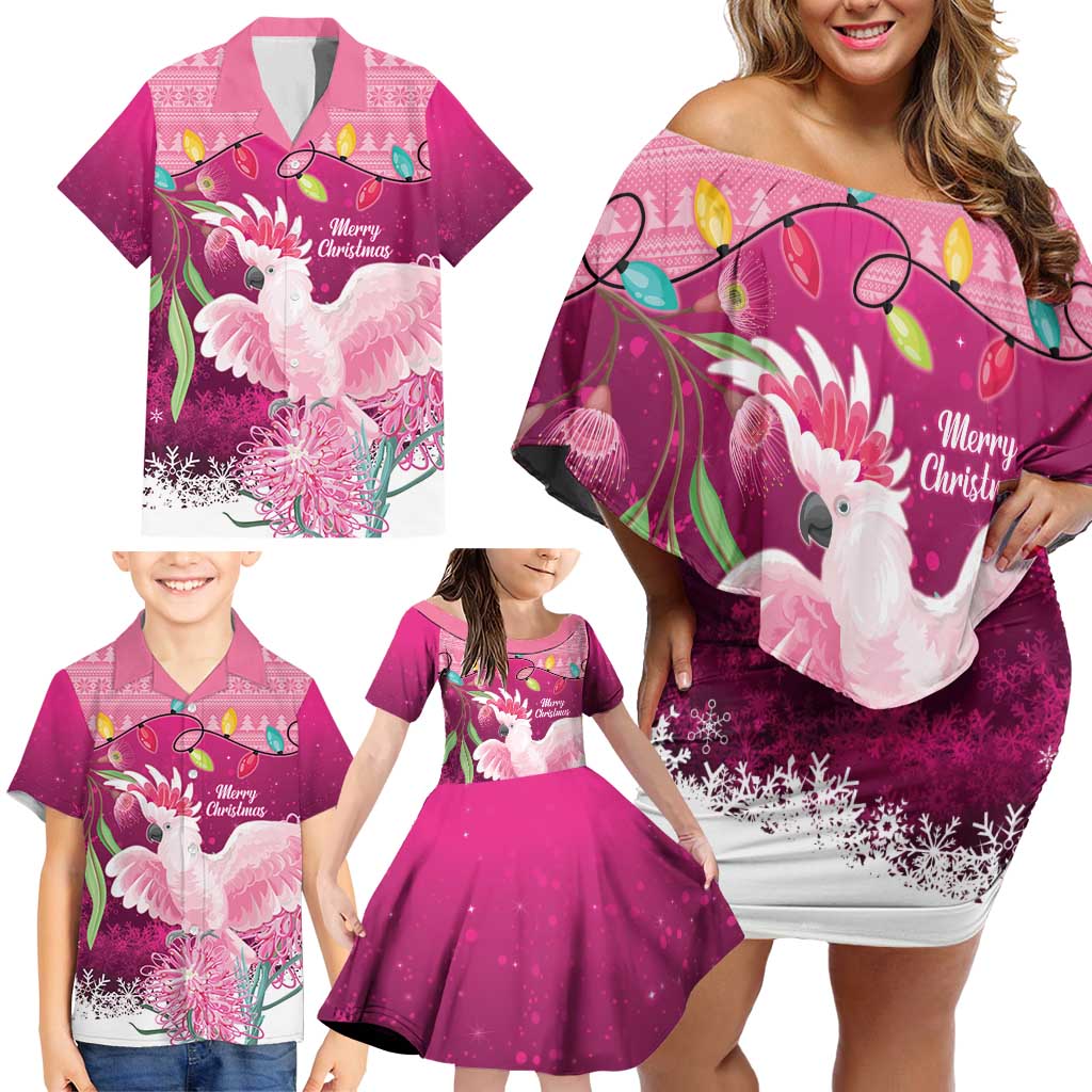Pink Cockatoo Australia Christmas Family Matching Off Shoulder Short Dress and Hawaiian Shirt Grevillea Eucalyptus Blossoms - Aussie Hoodie