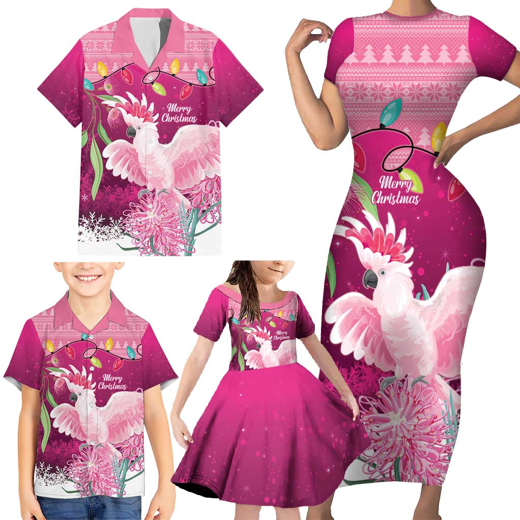 Pink Cockatoo Australia Christmas Family Matching Short Sleeve Bodycon Dress and Hawaiian Shirt Grevillea Eucalyptus Blossoms - Aussie Hoodie