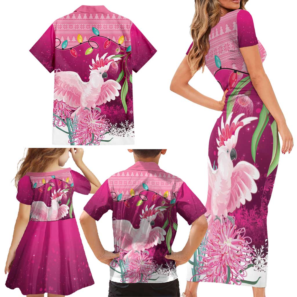 Pink Cockatoo Australia Christmas Family Matching Short Sleeve Bodycon Dress and Hawaiian Shirt Grevillea Eucalyptus Blossoms - Aussie Hoodie