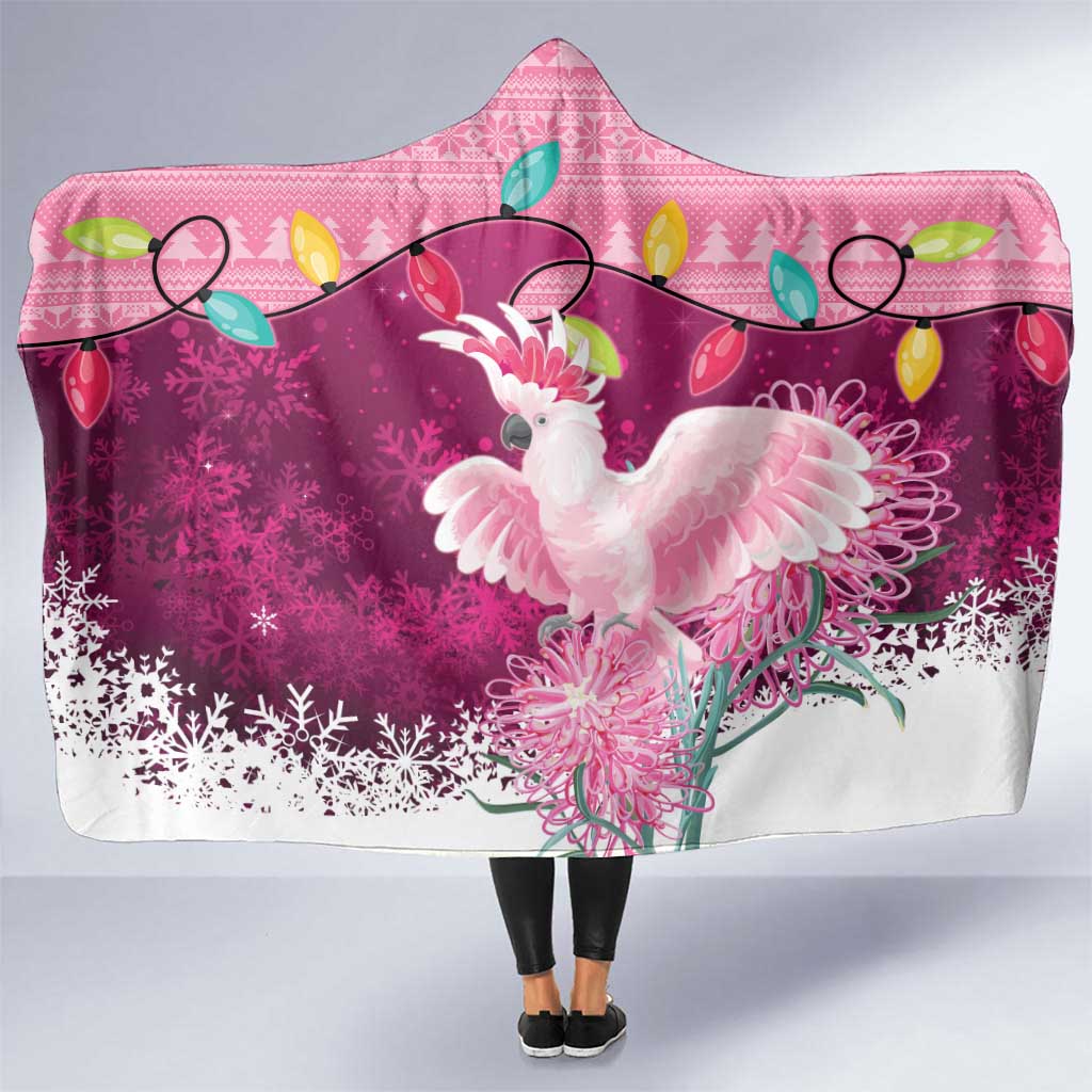 Pink Cockatoo Australia Christmas Hooded Blanket Grevillea Eucalyptus Blossoms - Aussie Hoodie